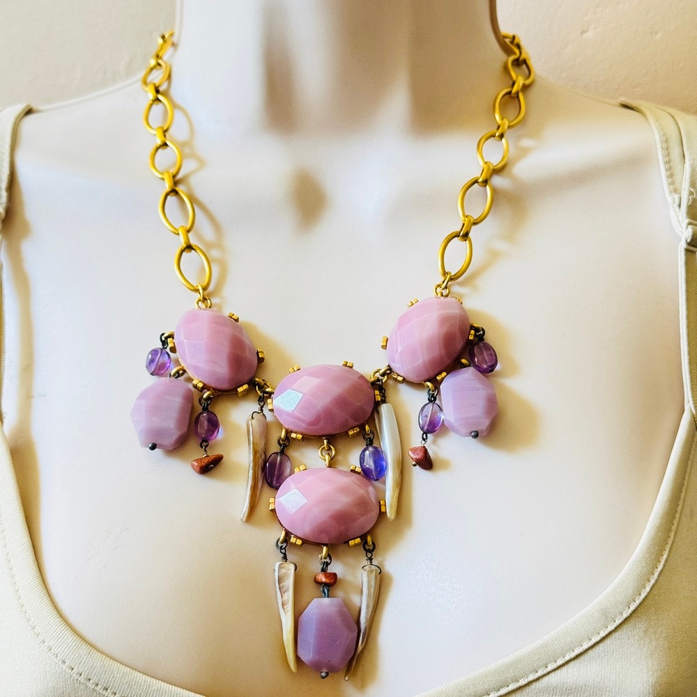 Gerard Yosca NY Necklace Spike Fringe Abalone Purple Glass Gold Plated Elegant
